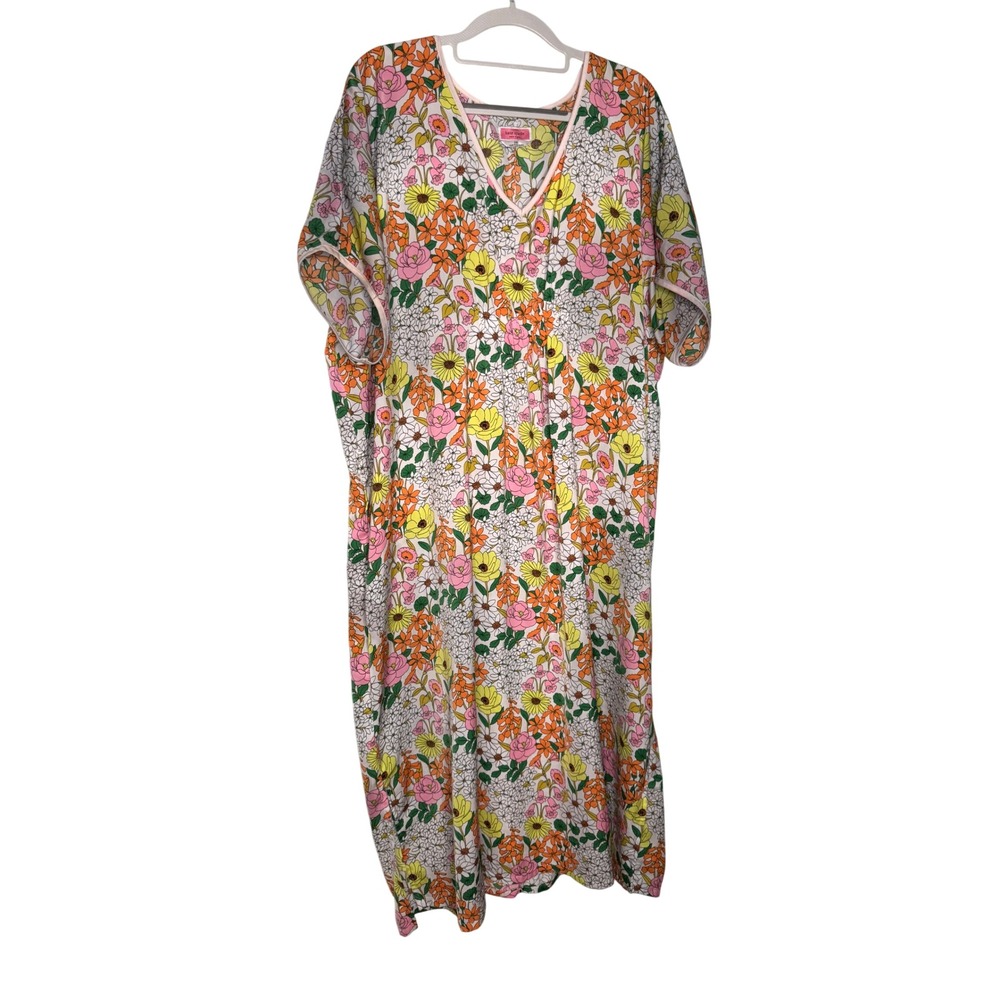 Kate Spade New York Floral Kaftan Dress V-Neck Pink Yellow Orange L/XL